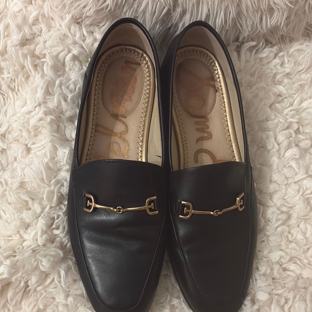 Black Leather Lorraine  Loafers with Gold Accent